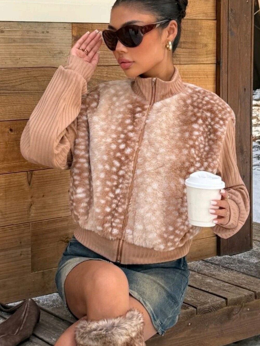 Women's Brown Deer Print Faux Fur And Rib Knit Zip Up Jacket Western Cow
